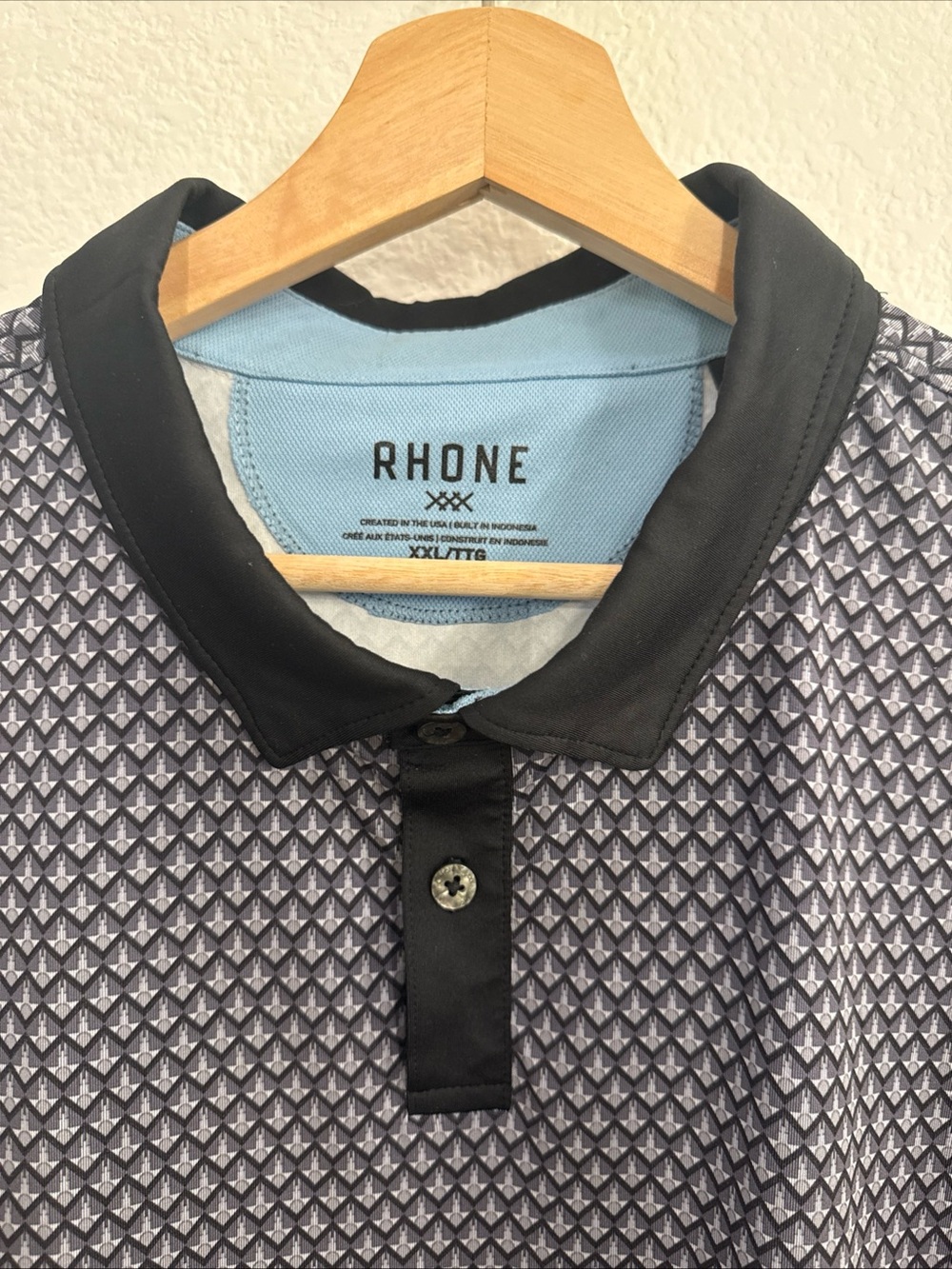 Mens RHONE Golf Sport Polo Shirt Spread Collar Black Gray Geo Square Sz XXL